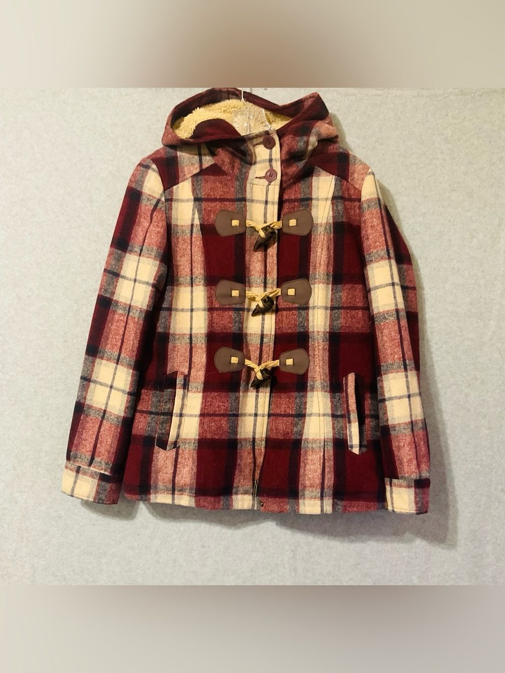 Vintage MAvi woman Hooded Plaid Toggle Coat - Red & Cream SZ M